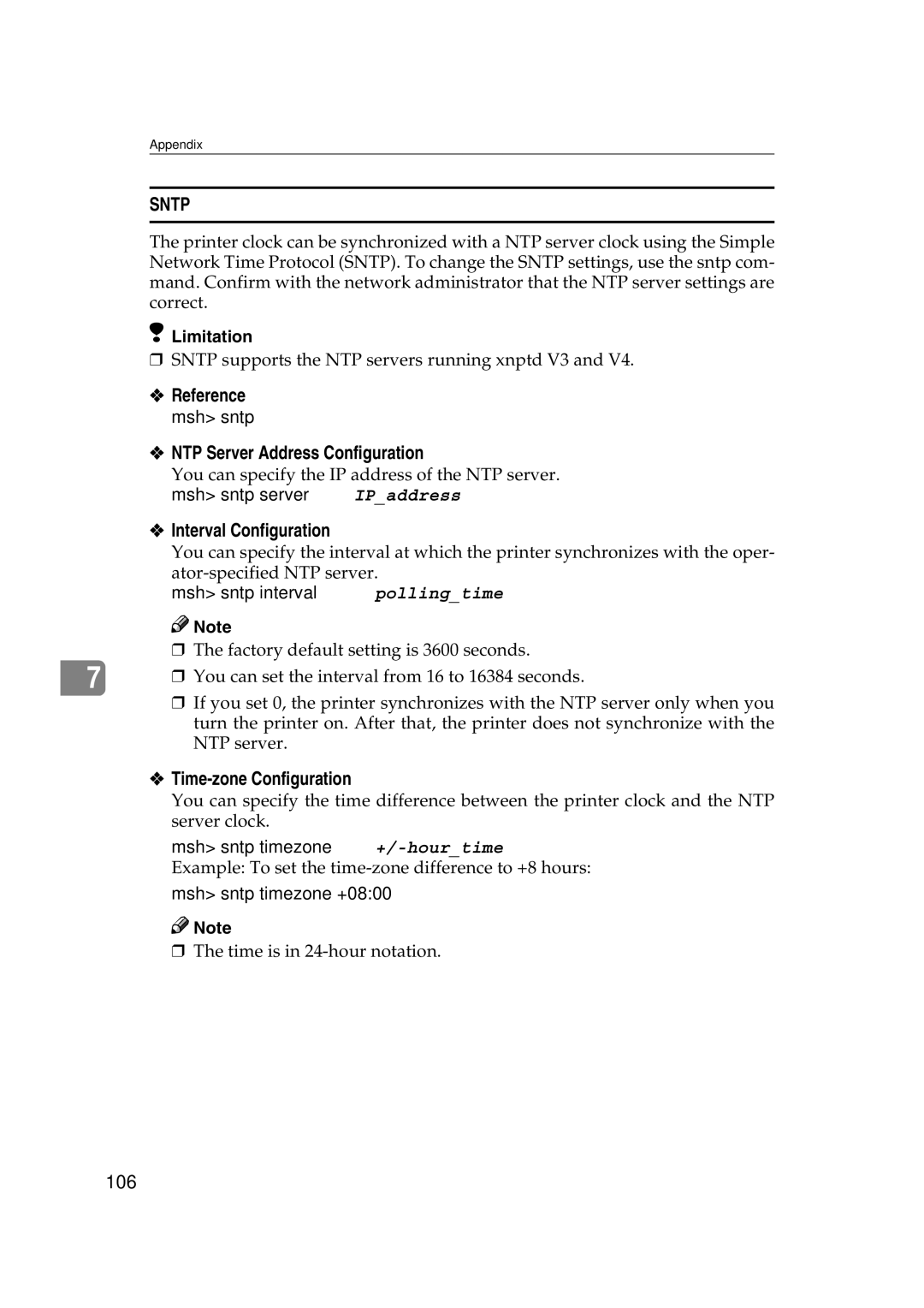 Ricoh AP2610N setup guide NTP Server Address Configuration, Interval Configuration, Time-zone Configuration 