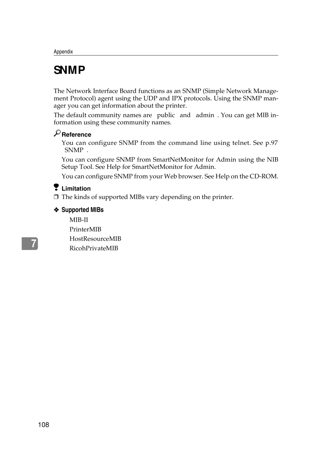 Ricoh AP2610N setup guide Snmp, Supported MIBs 