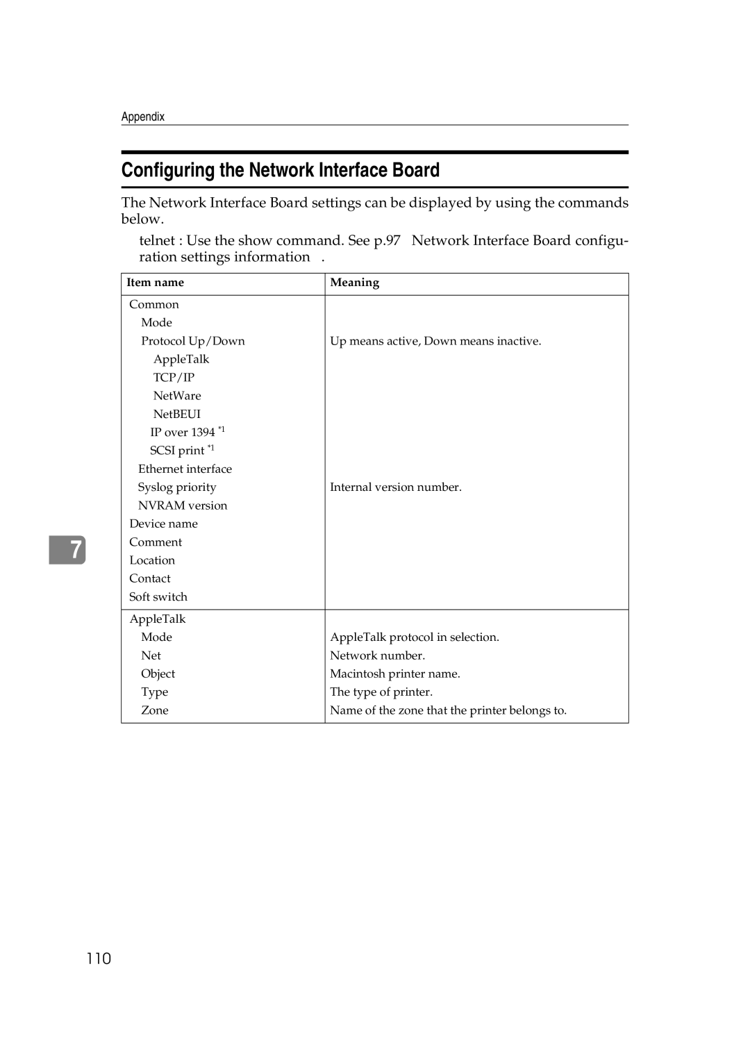 Ricoh AP2610N setup guide Configuring the Network Interface Board, 110 