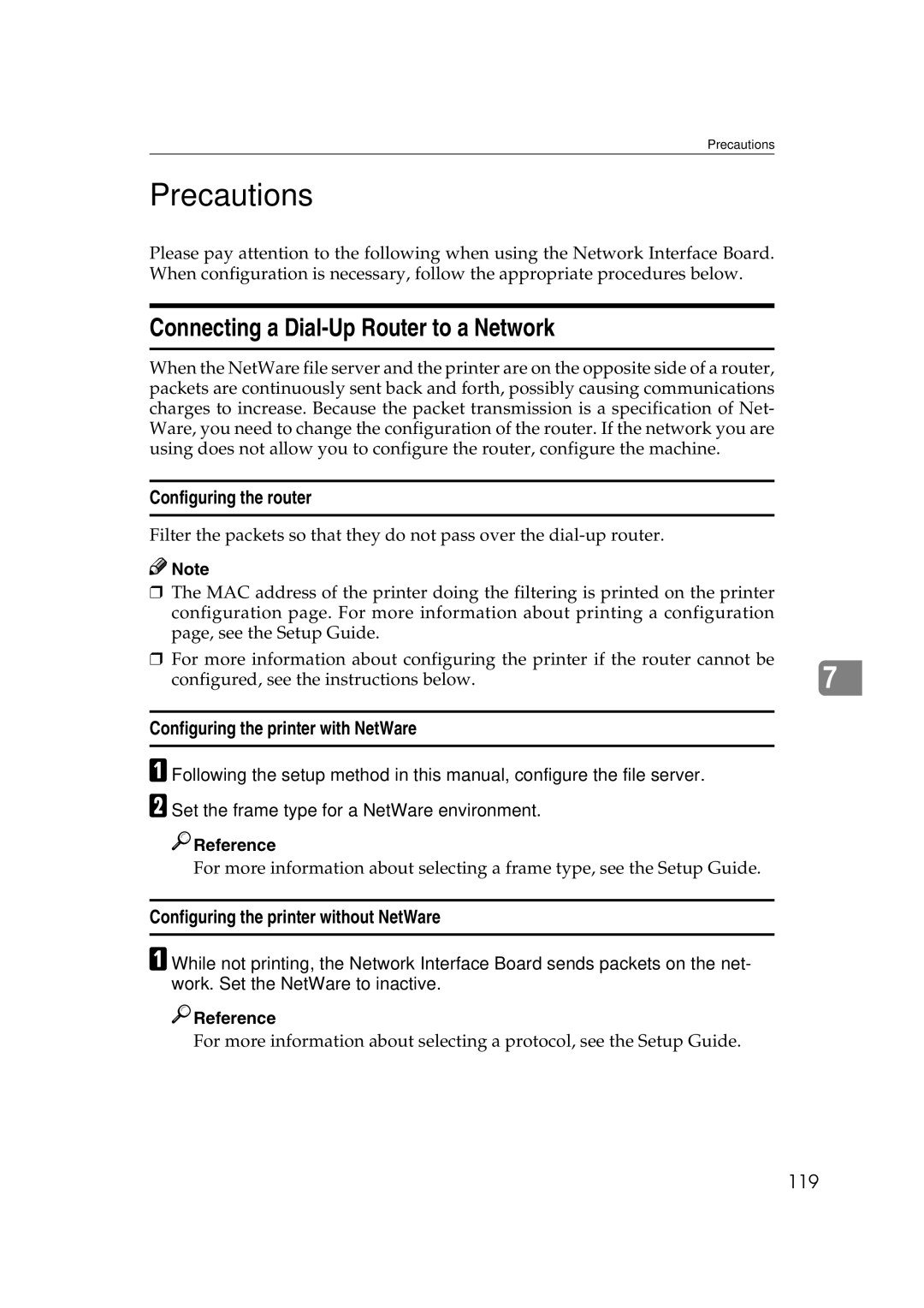 Ricoh AP2610N setup guide Precautions, Connecting a Dial-Up Router to a Network, Configuring the router 