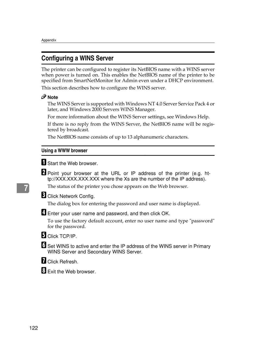 Ricoh AP2610N setup guide Configuring a Wins Server, Using a WWW browser, Click Network Config 