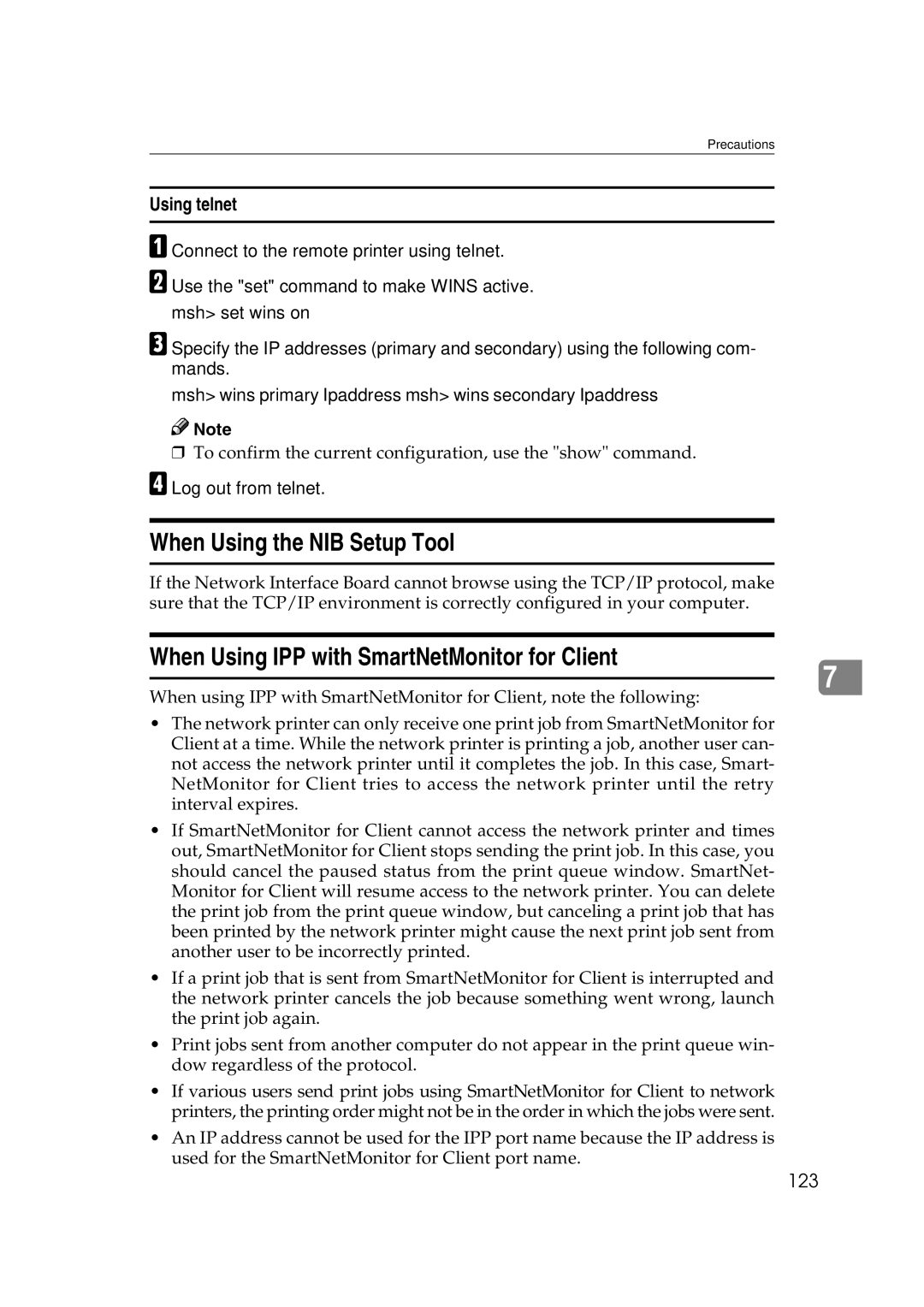 Ricoh AP2610N setup guide When Using the NIB Setup Tool, When Using IPP with SmartNetMonitor for Client, Using telnet 