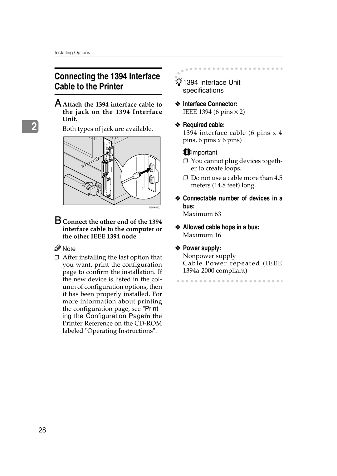 Ricoh AP2610N setup guide Connecting the 1394 Interface, Required cable, Bus, Allowed cable hops in a bus, Power supply 