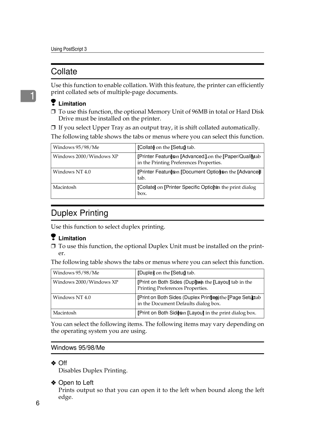Ricoh AP2610N setup guide Collate, Duplex Printing, Windows 95/98/Me Off, Open to Left 