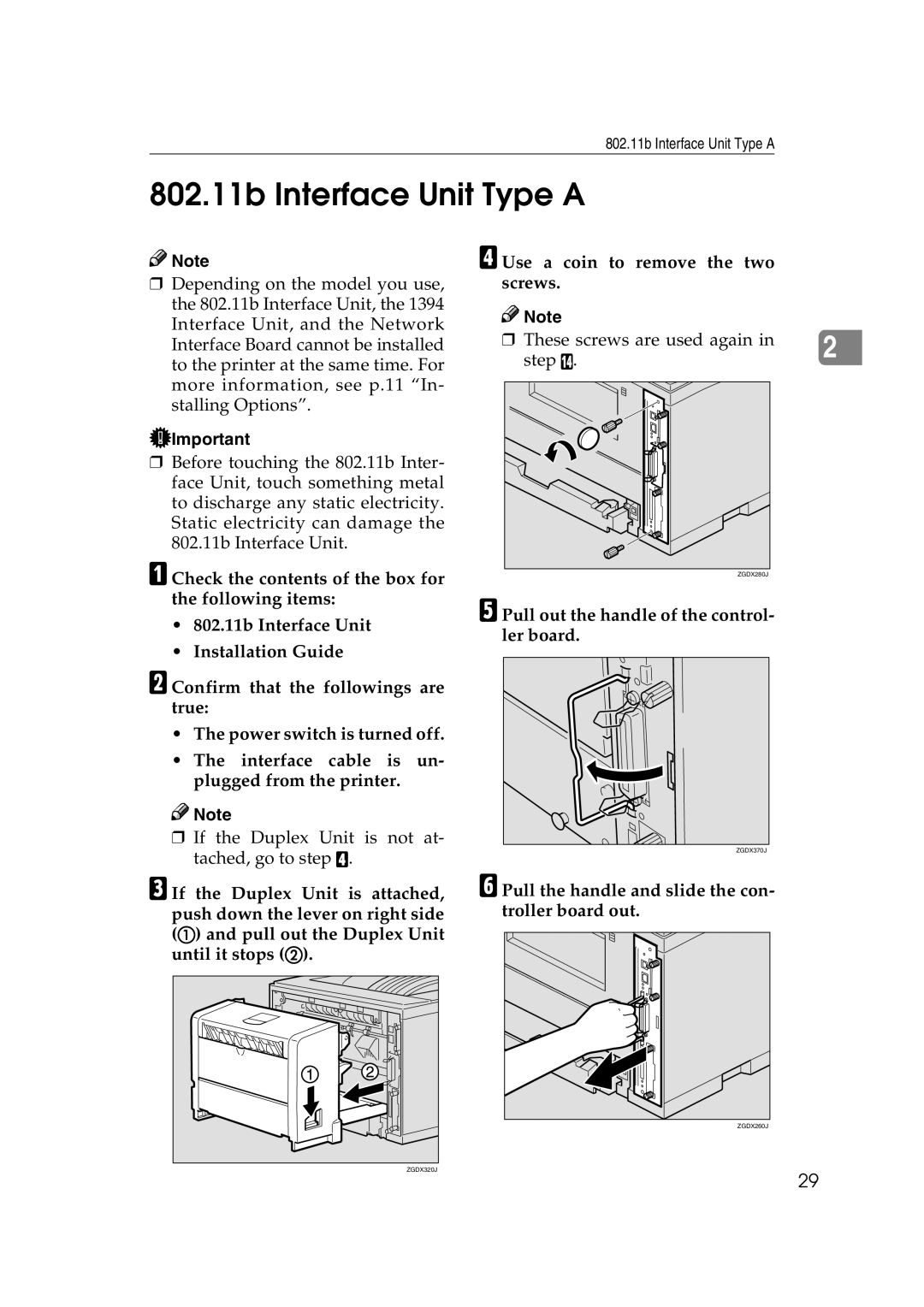 Ricoh AP2610N setup guide 802.11b Interface Unit Type a, Use a coin to remove the two screws 