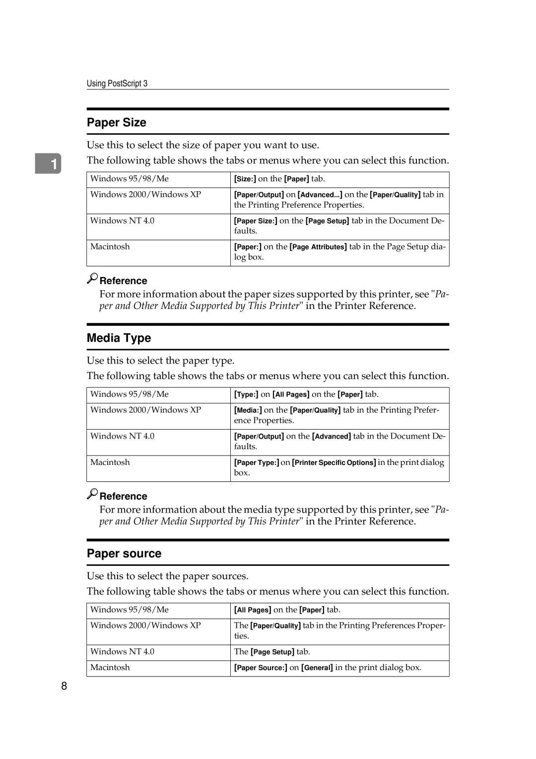 Ricoh AP2610N setup guide Paper Size, Media Type, Paper source 