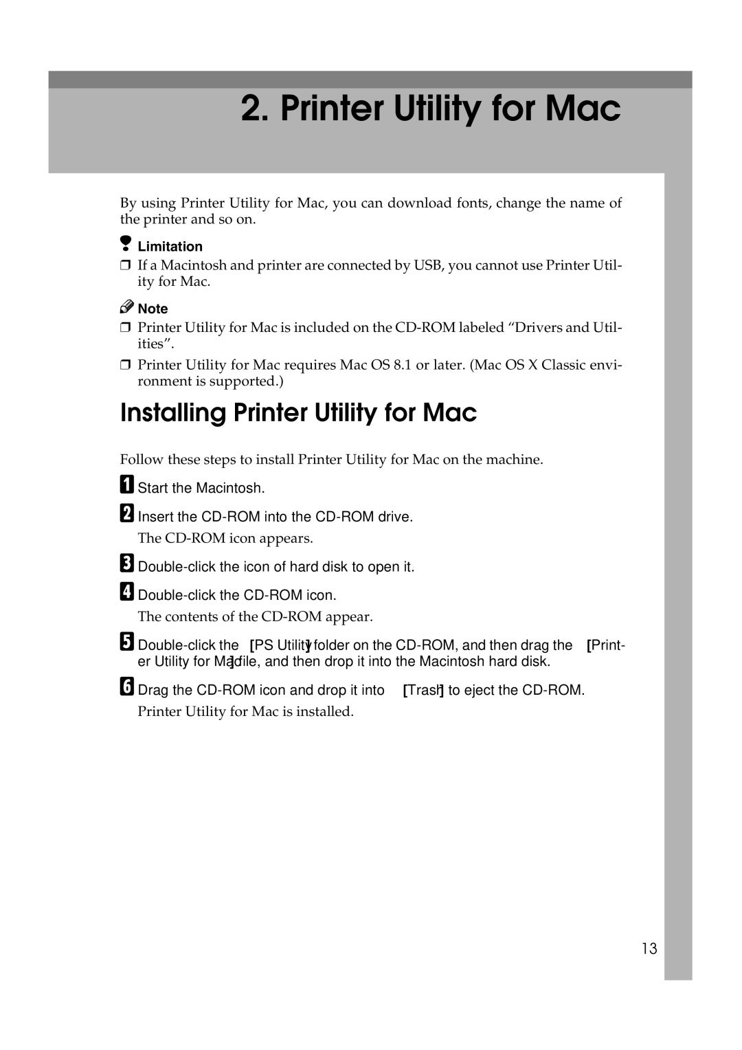 Ricoh AP2610N setup guide Installing Printer Utility for Mac, Start the Macintosh Insert the CD-ROM into the CD-ROM drive 