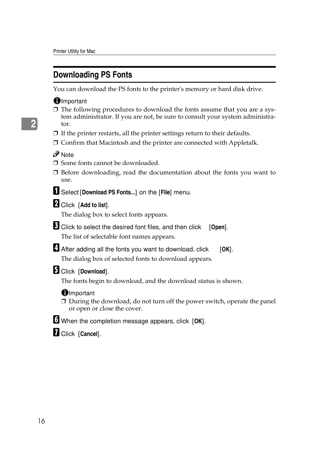 Ricoh AP2610N setup guide Downloading PS Fonts, Click Download, Click Cancel 