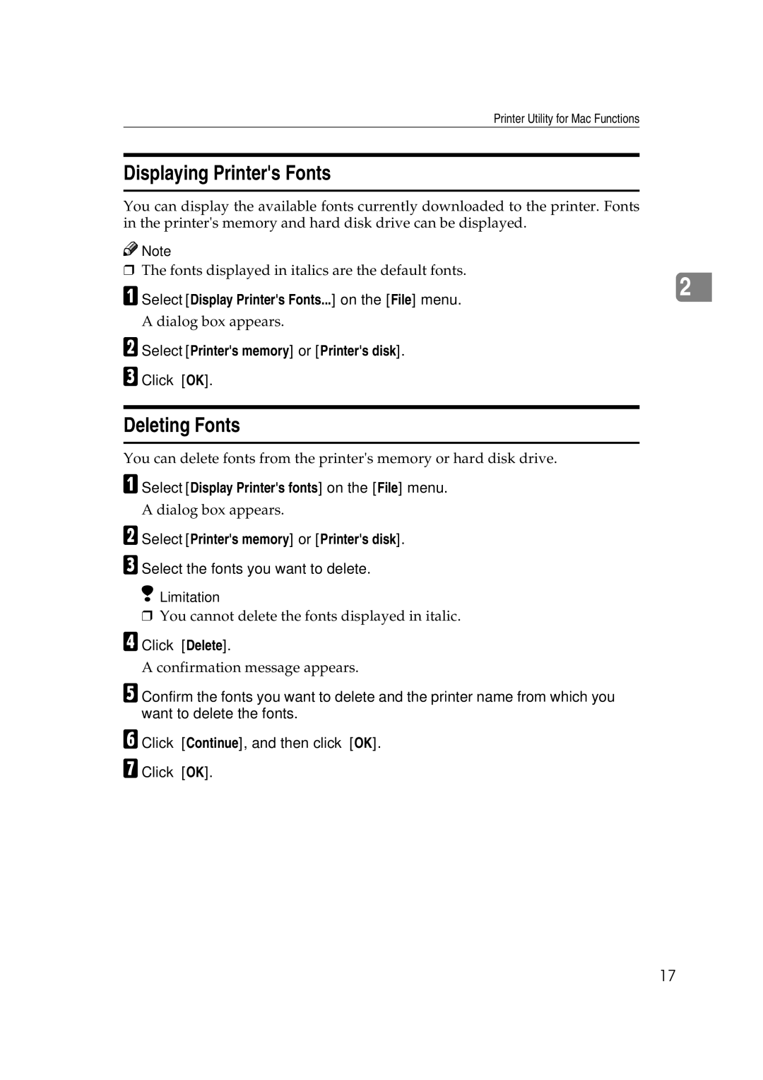 Ricoh AP2610N setup guide Displaying Printers Fonts, Deleting Fonts 