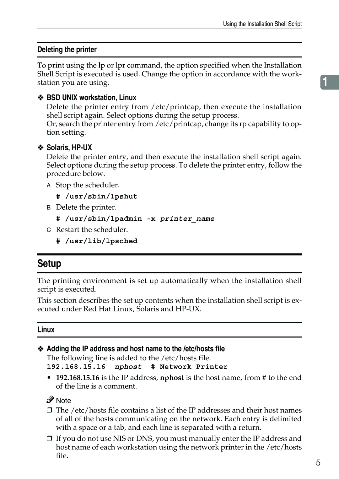 Ricoh AP2610N setup guide Deleting the printer, BSD Unix workstation, Linux, Solaris, HP-UX 