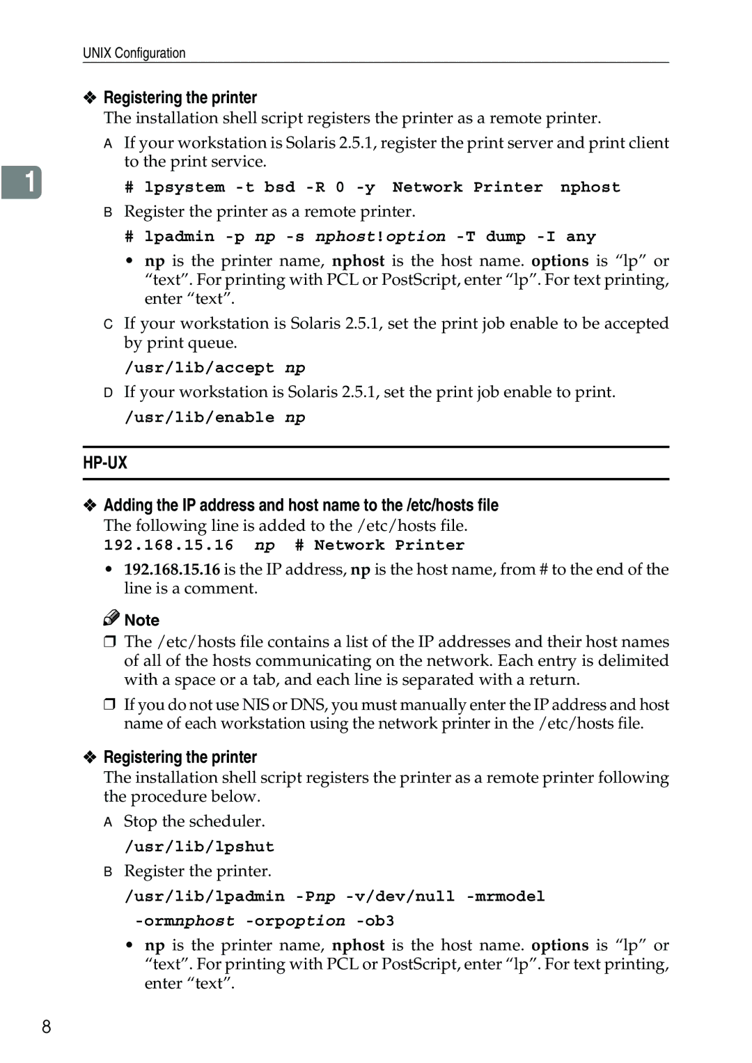 Ricoh AP2610N setup guide Registering the printer, # lpadmin -p np -s nphost!option -T dump -I any 