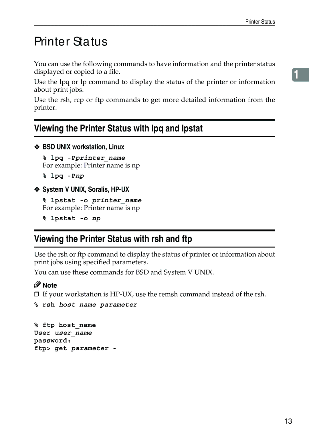 Ricoh AP2610N setup guide Viewing the Printer Status with lpq and lpstat, Viewing the Printer Status with rsh and ftp 