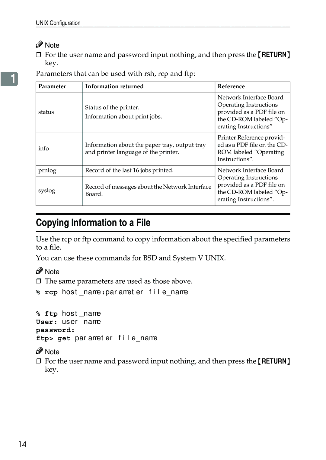 Ricoh AP2610N setup guide Copying Information to a File, Parameter Information returned Reference 