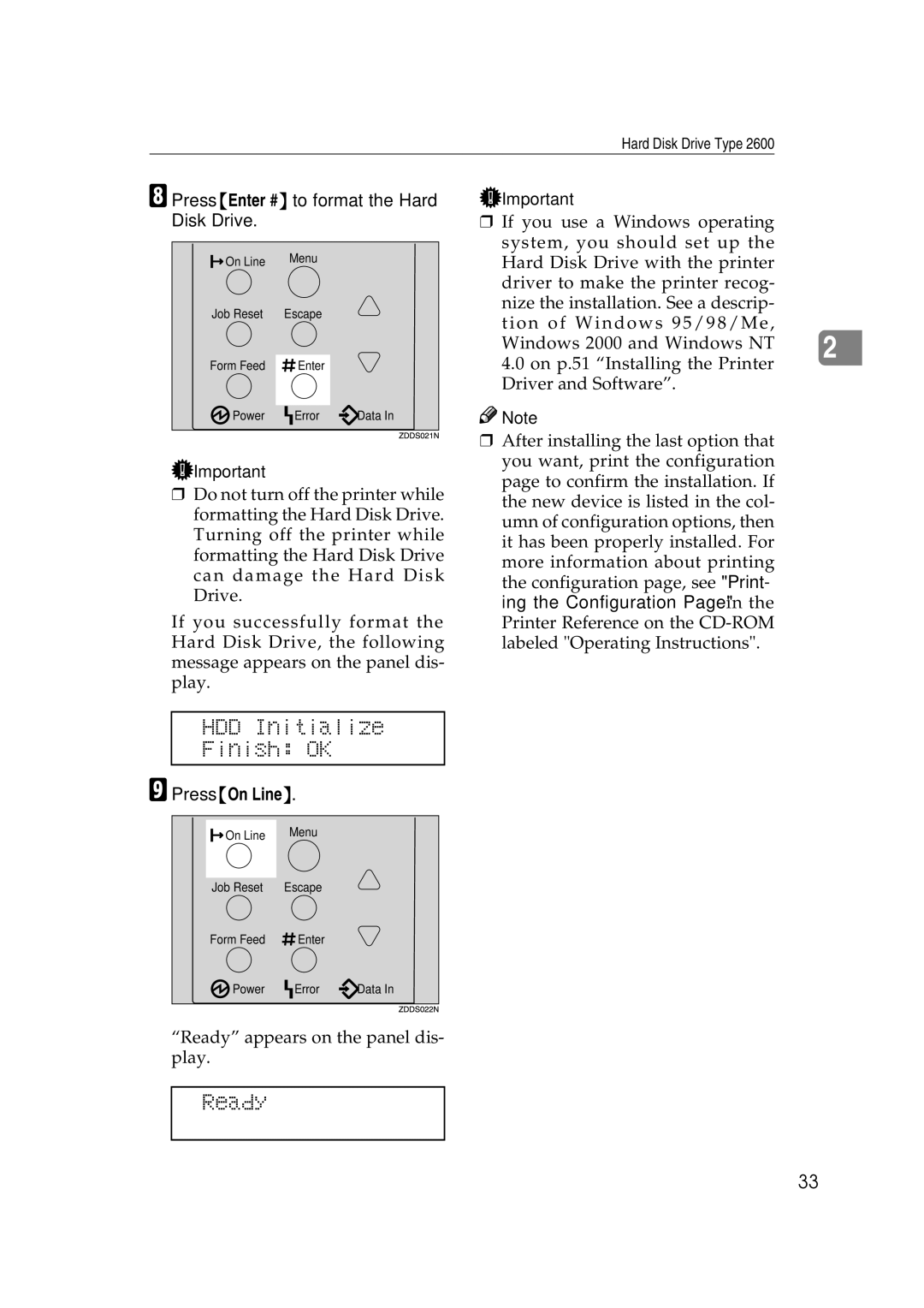 Ricoh AP2610N setup guide HDD Initialize Finish OK, Ready, Press Enter # to format the Hard Disk Drive, Press On Line 