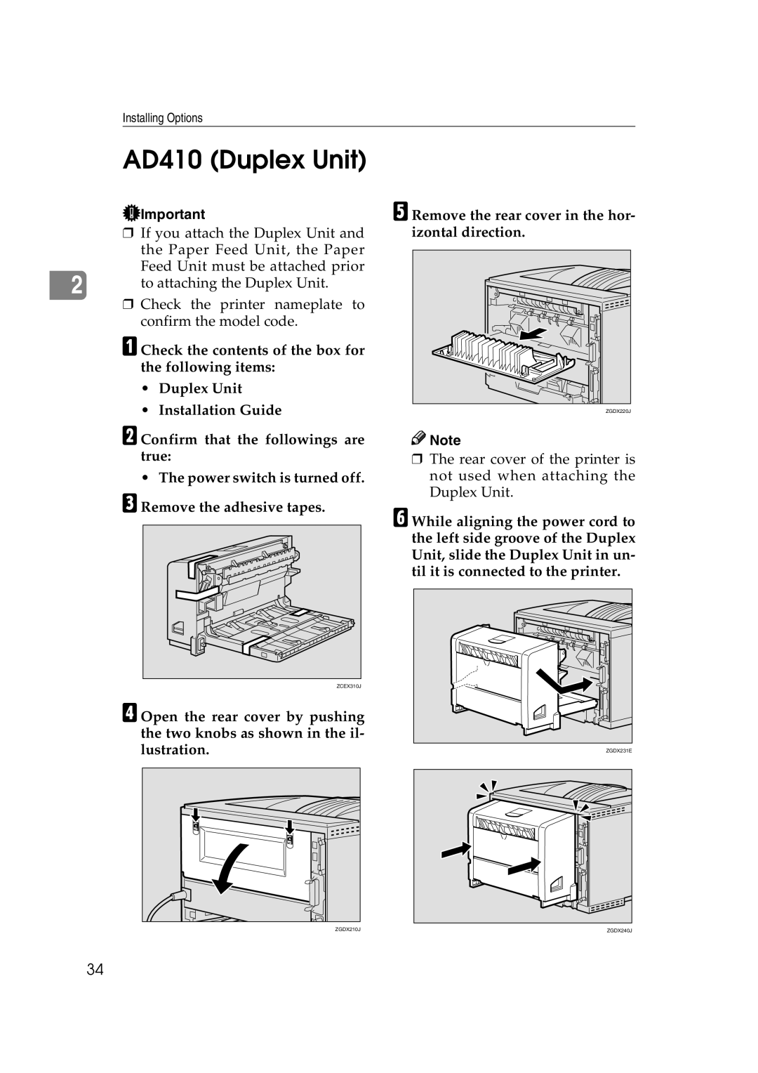 Ricoh AP2610N setup guide AD410 Duplex Unit, Remove the rear cover in the hor- izontal direction 