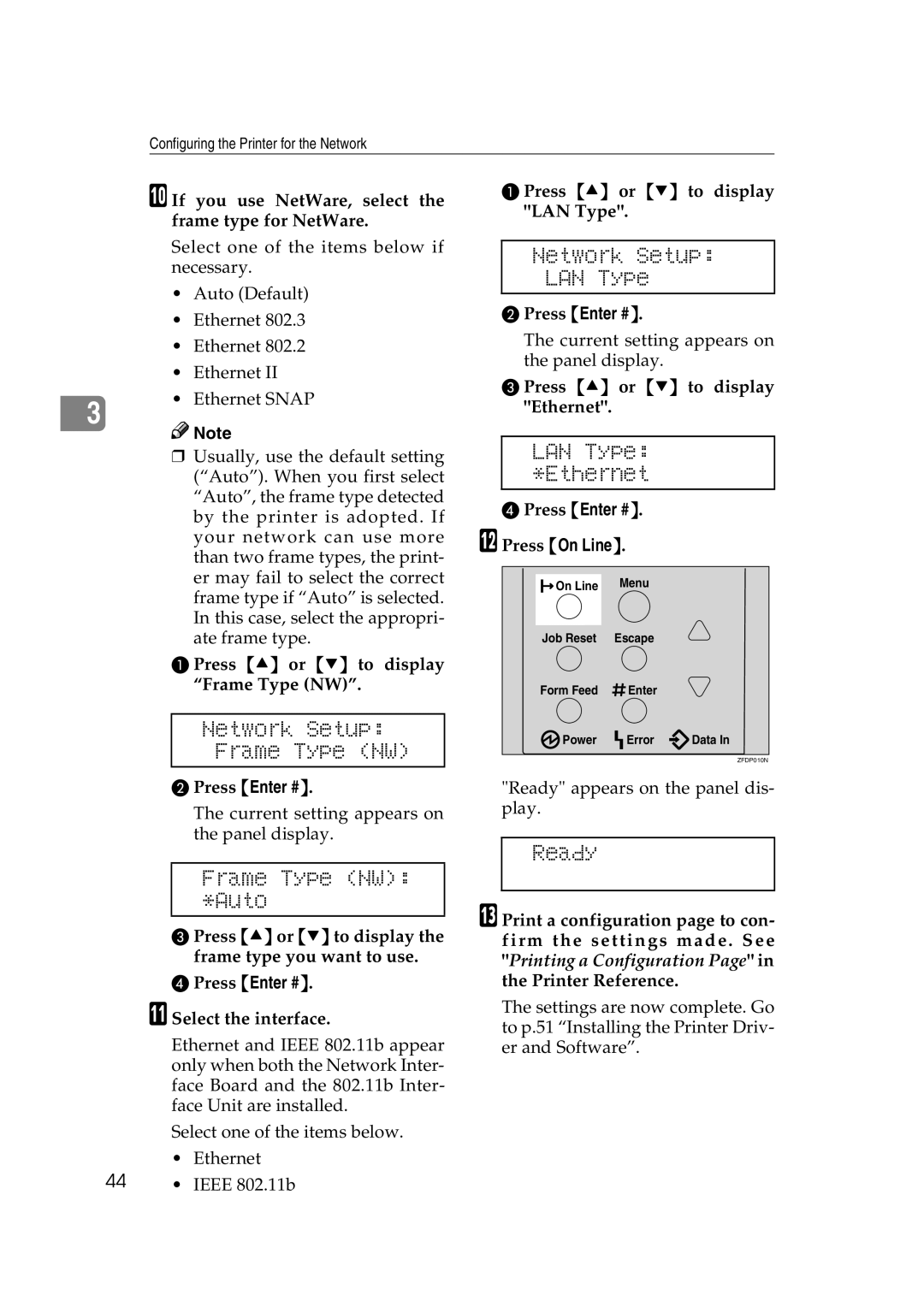 Ricoh AP2610N setup guide Network Setup Frame Type NW, Frame Type NW *Auto, Network Setup LAN Type, LAN Type *Ethernet 