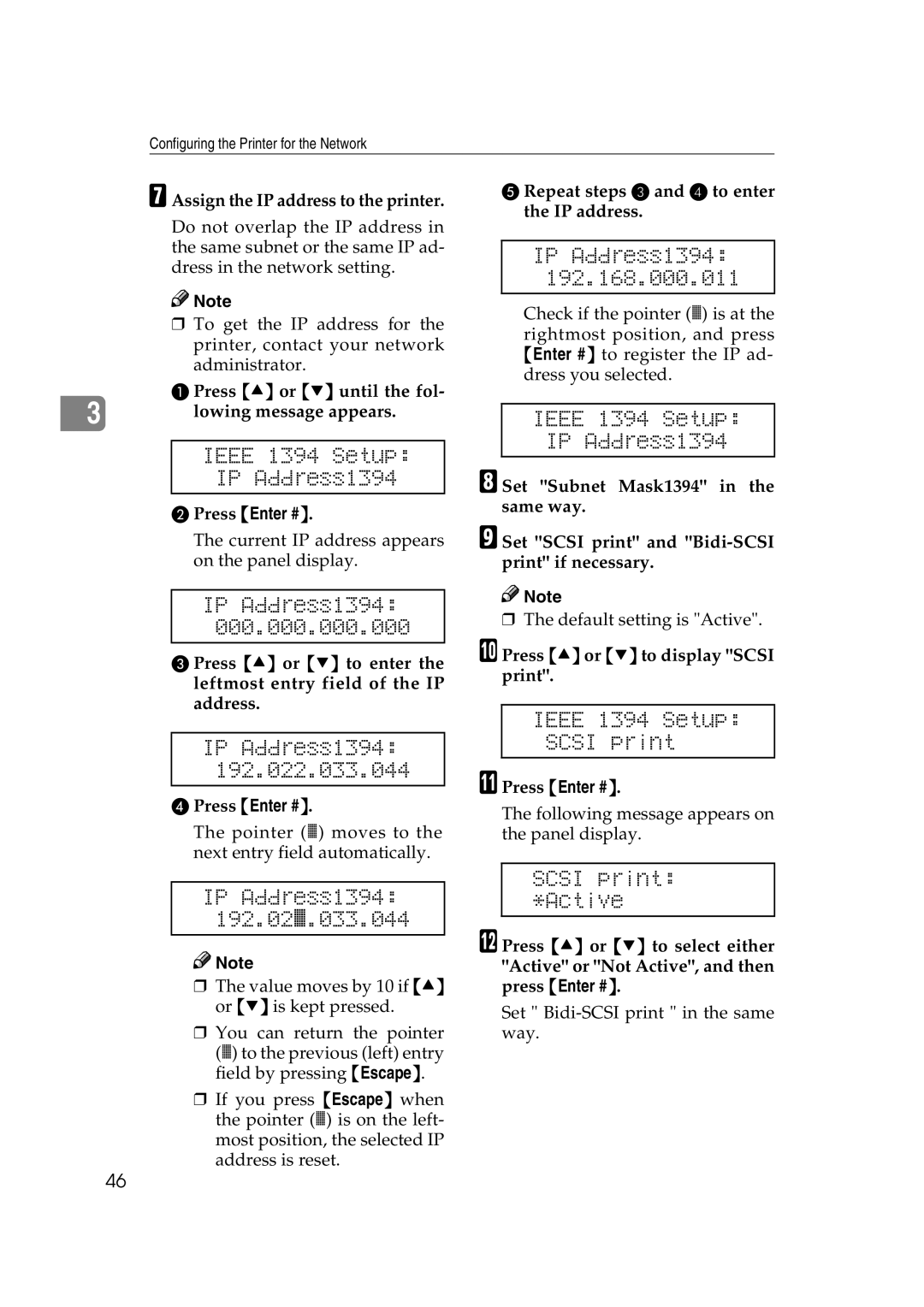 Ricoh AP2610N setup guide Ieee 1394 Setup Scsi print, IP Address1394 192.02k.033.044, Scsi print *Active 
