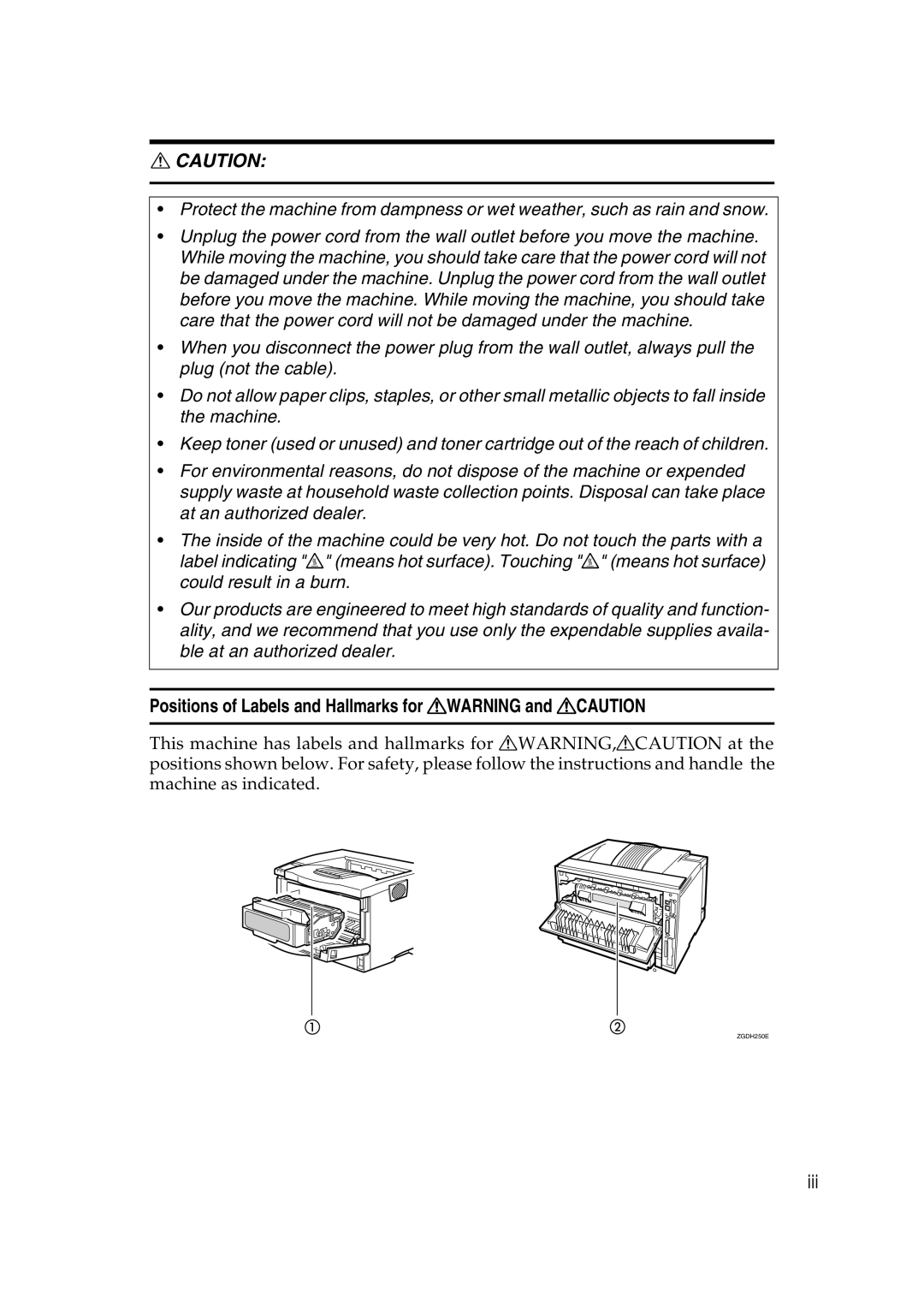 Ricoh AP2610N setup guide Positions of Labels and Hallmarks for Rwarning and Rcaution, Iii 