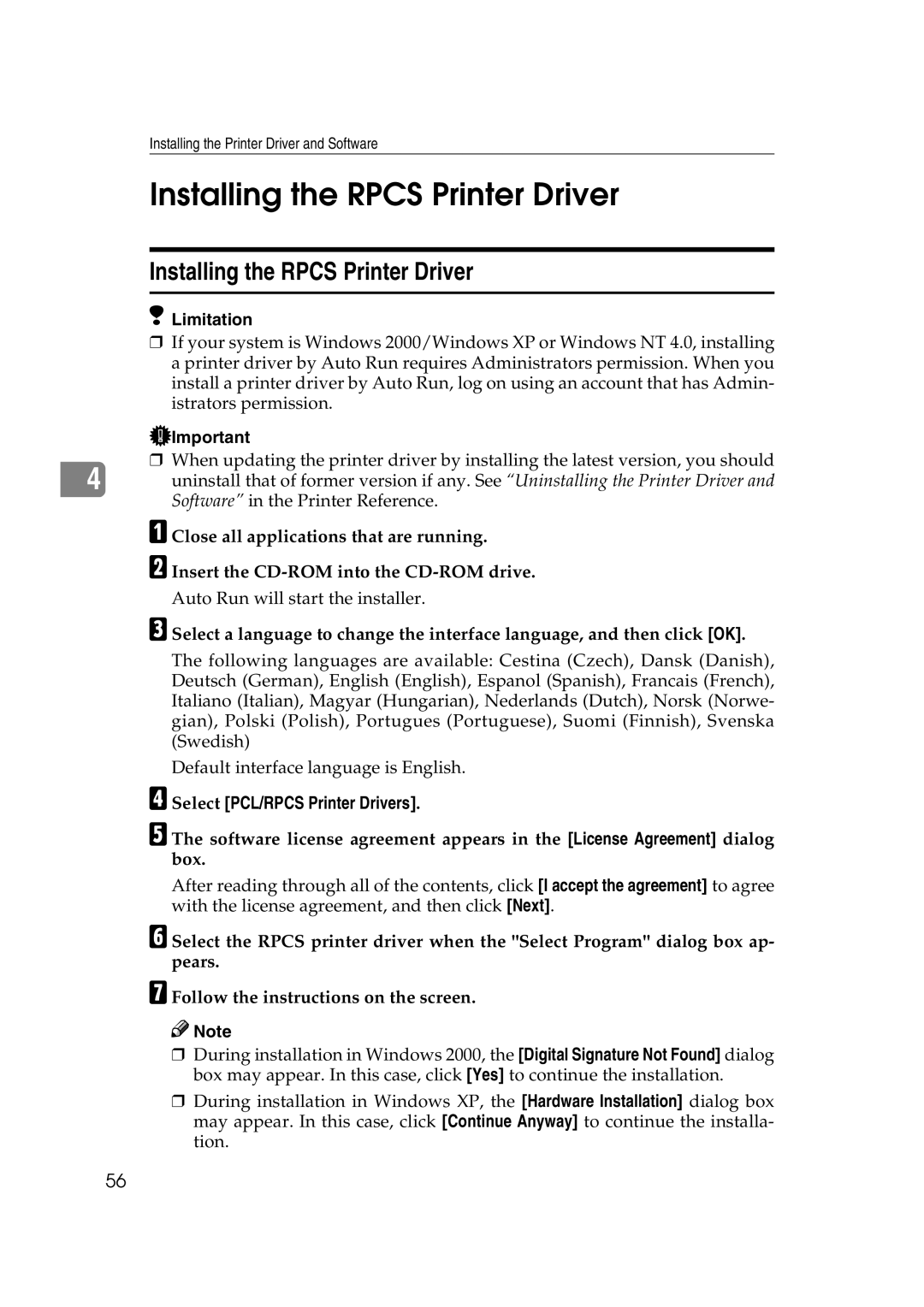 Ricoh AP2610N setup guide Installing the Rpcs Printer Driver 