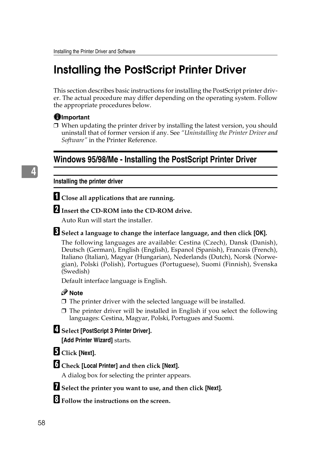 Ricoh AP2610N setup guide Windows 95/98/Me Installing the PostScript Printer Driver, Installing the printer driver 