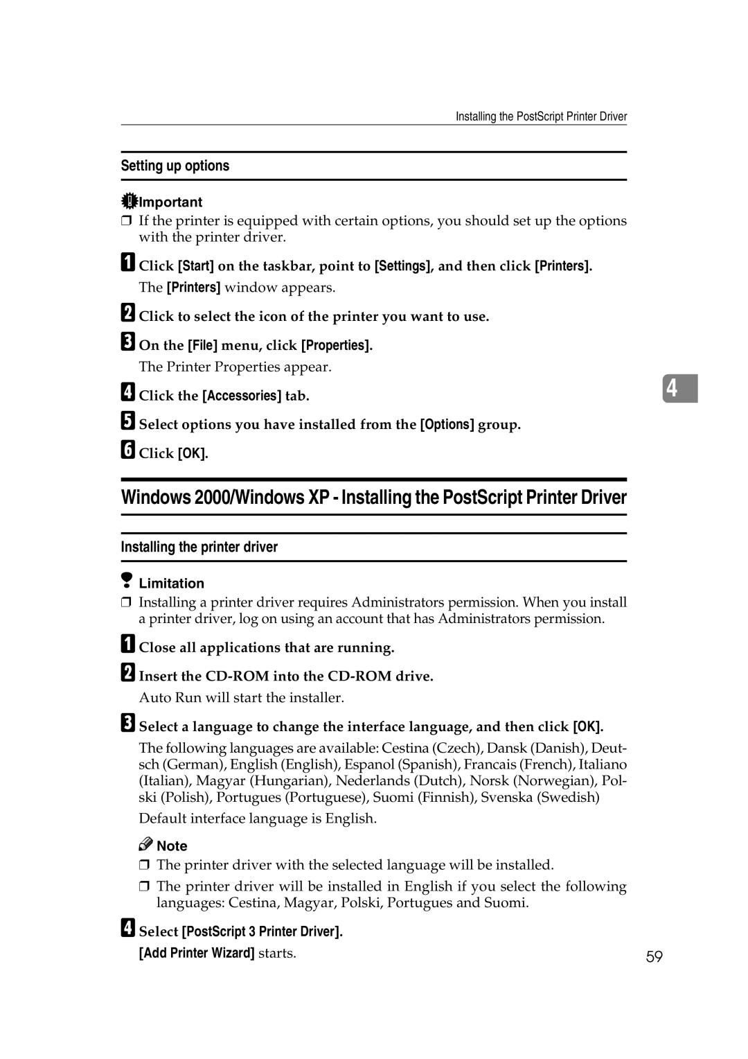 Ricoh AP2610N setup guide Setting up options, Select PostScript 3 Printer Driver Add Printer Wizard starts 