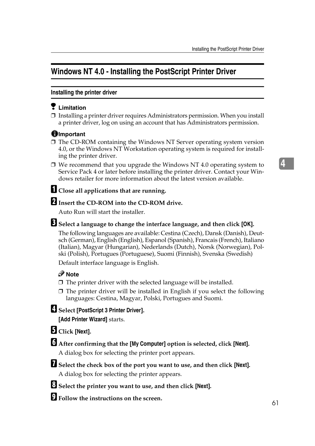 Ricoh AP2610N setup guide Windows NT 4.0 Installing the PostScript Printer Driver 