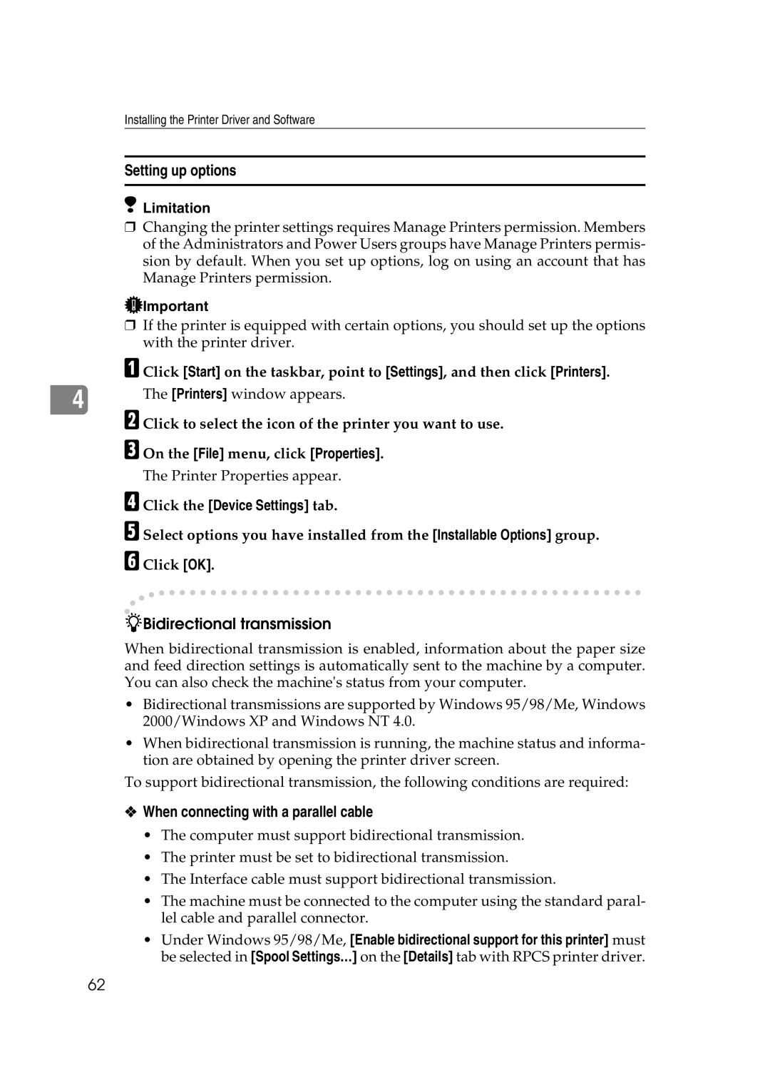 Ricoh AP2610N setup guide Bidirectional transmission, When connecting with a parallel cable 