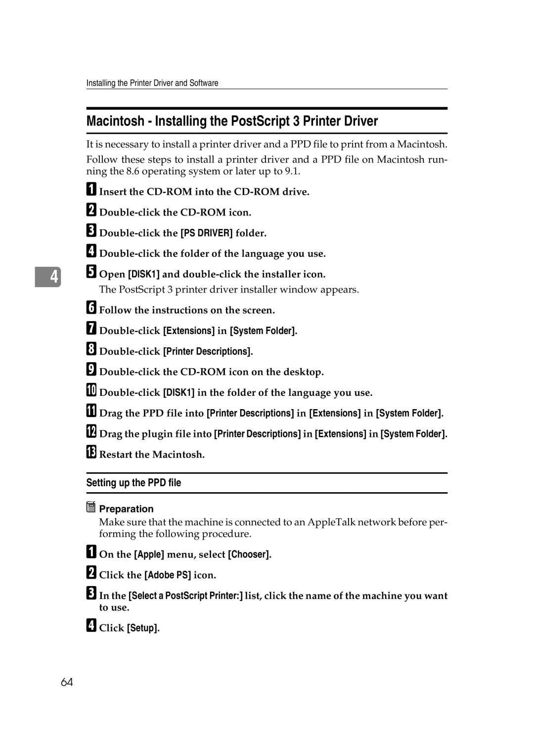 Ricoh AP2610N setup guide Macintosh Installing the PostScript 3 Printer Driver, Setting up the PPD file 