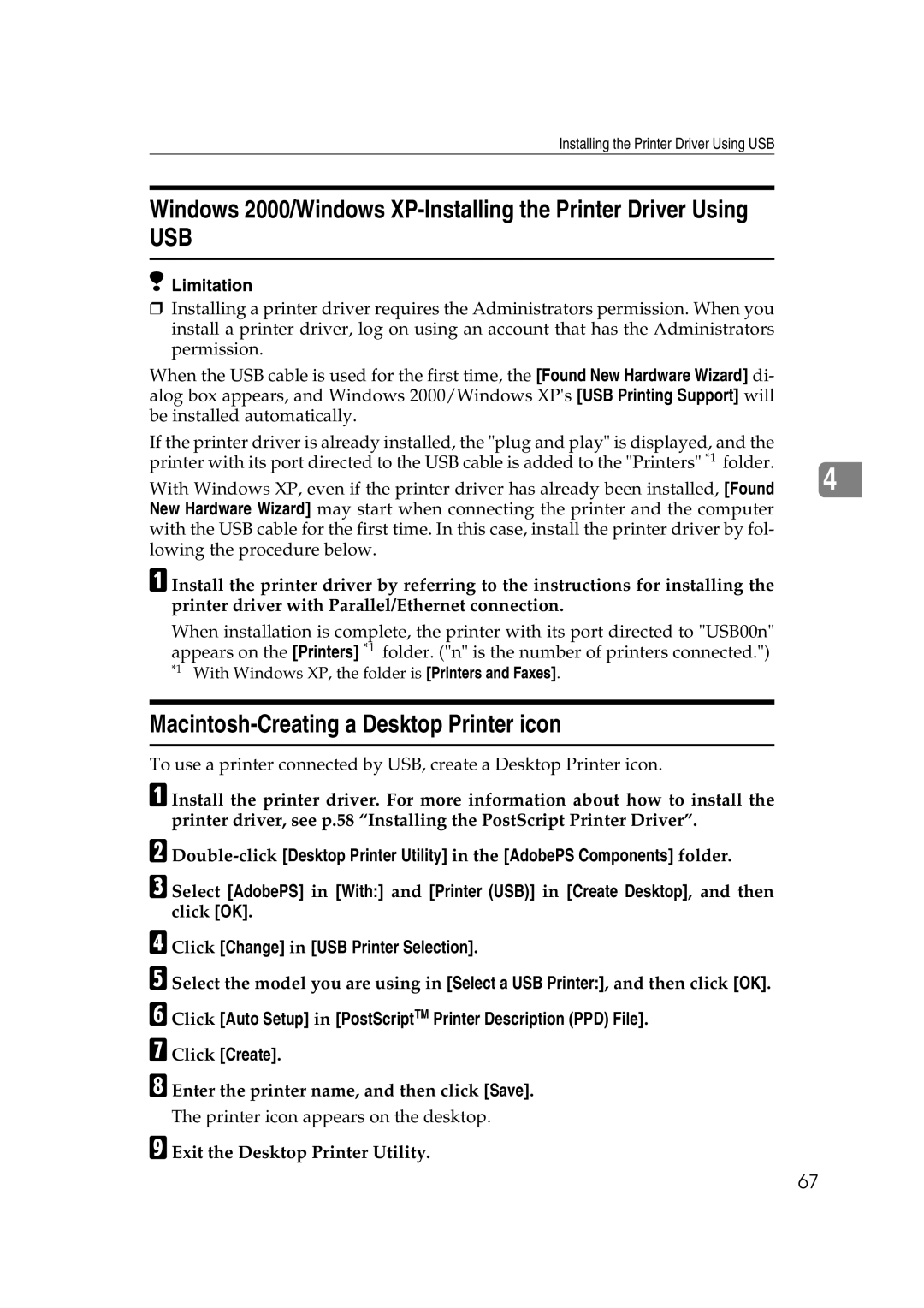 Ricoh AP2610N setup guide Macintosh-Creating a Desktop Printer icon, Click Change in USB Printer Selection, Click Create 