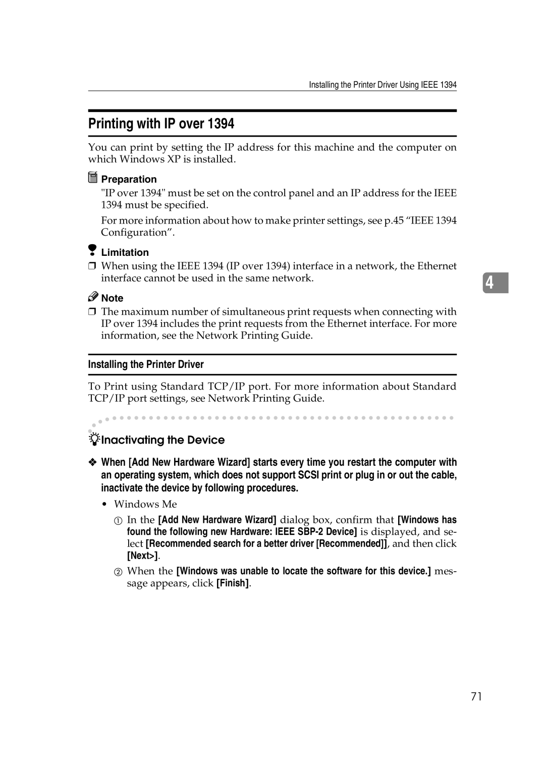 Ricoh AP2610N setup guide Printing with IP over, Inactivating the Device 