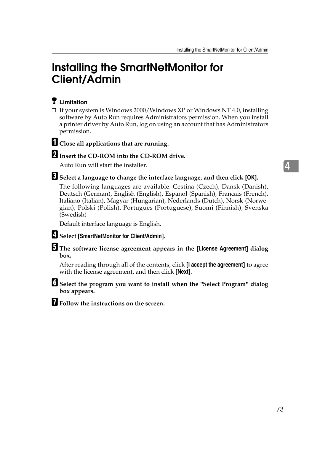 Ricoh AP2610N setup guide Installing the SmartNetMonitor for Client/Admin, Select SmartNetMonitor for Client/Admin 