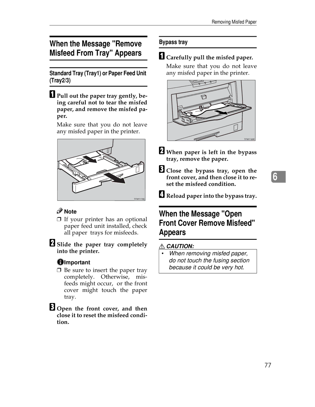 Ricoh AP305 When the Message Open Front Cover Remove Misfeed Appears, Standard Tray Tray1 or Paper Feed Unit Tray2/3 