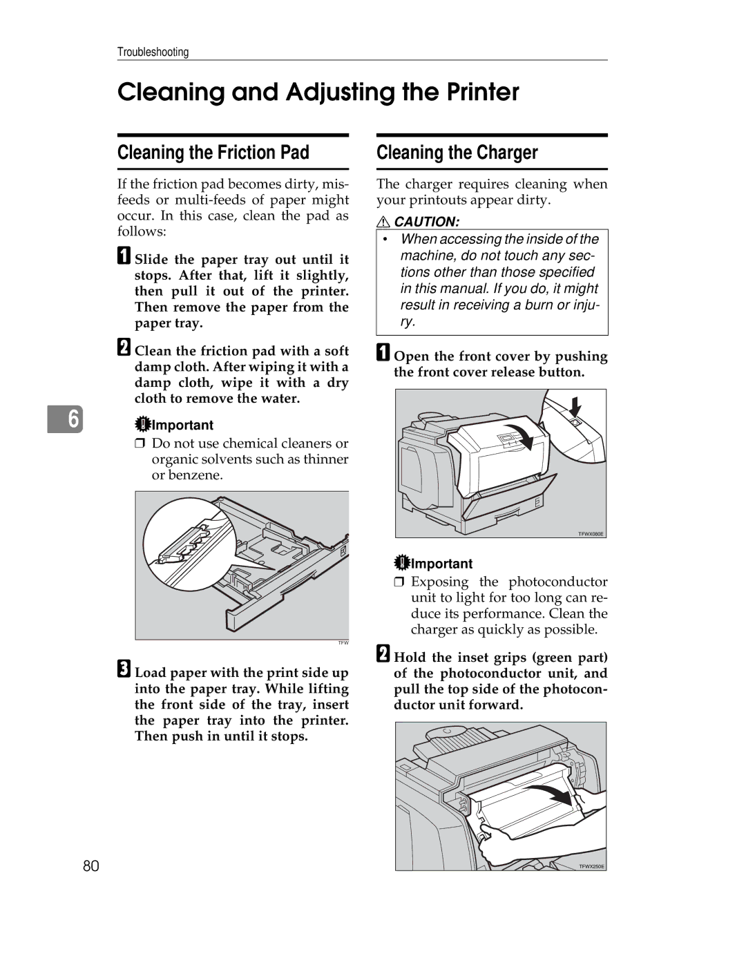 Ricoh AP305 operating instructions Cleaning and Adjusting the Printer, Cleaning the Friction Pad, Cleaning the Charger 