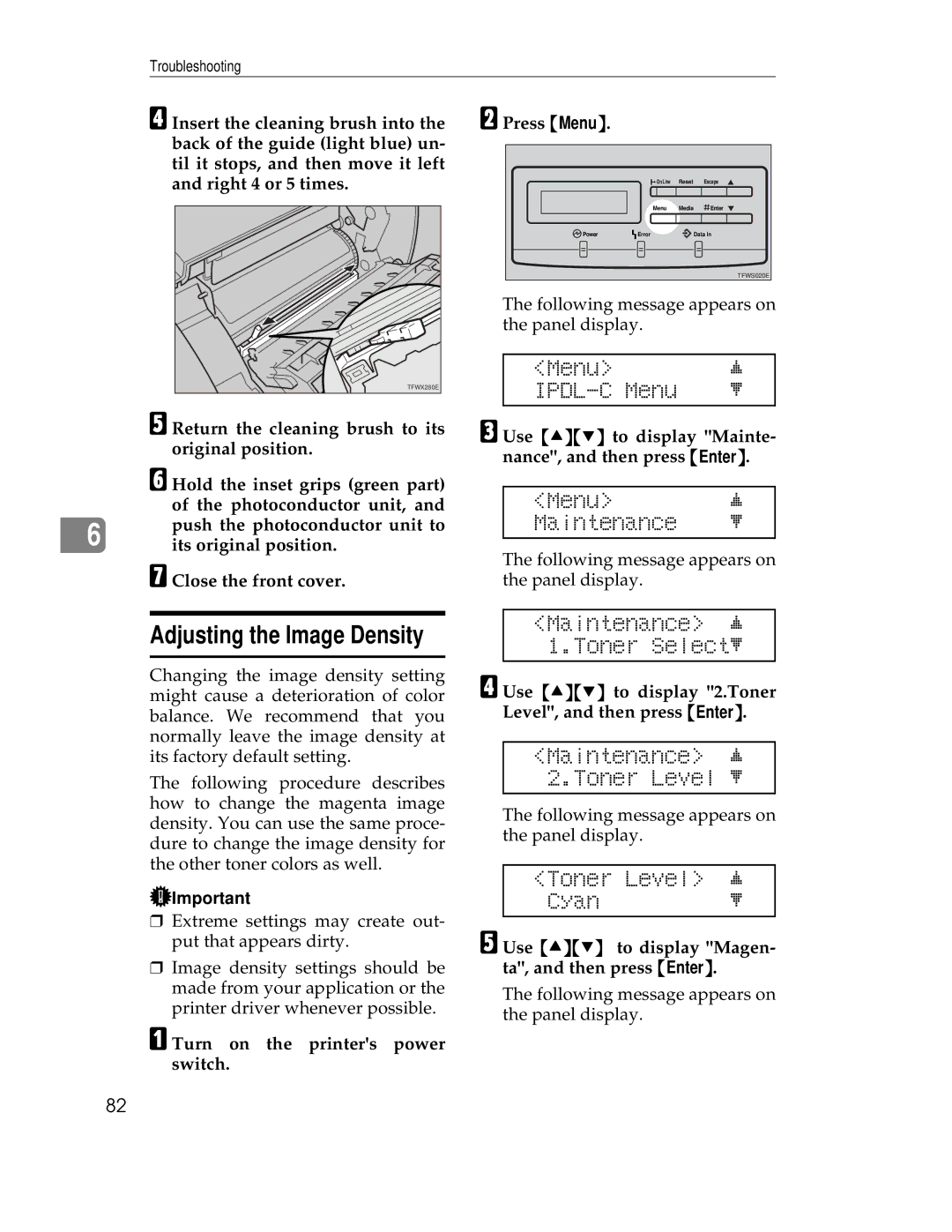 Ricoh AP305 Adjusting the Image Density, Menu j Maintenance l, Maintenance j 1.Toner Selectl, Toner Level j Cyanl 