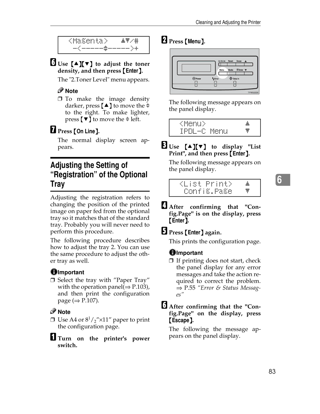 Ricoh AP305 operating instructions Adjusting the Setting, Tray, Magenta jl/# ------g-----+, List Print Config.Page 