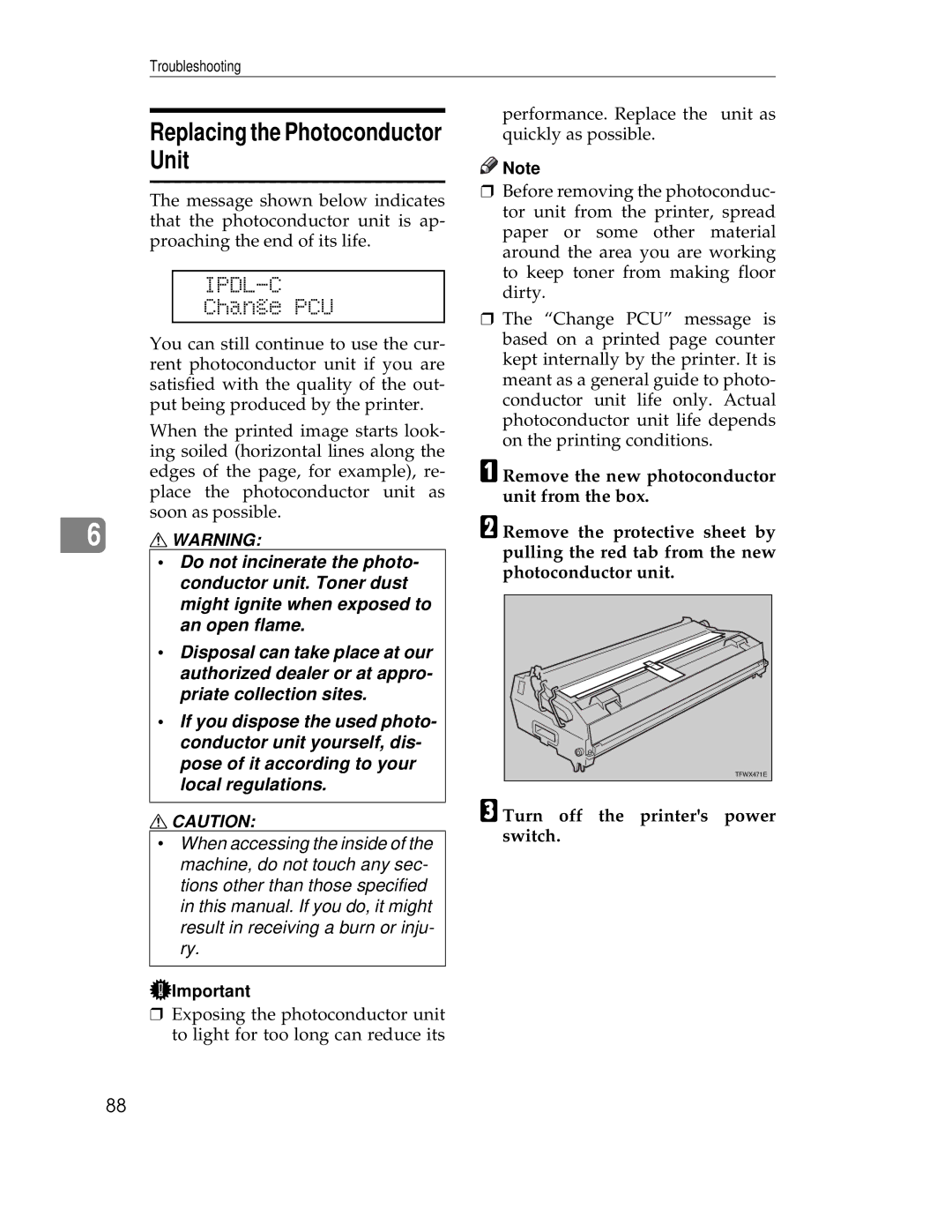 Ricoh AP305 operating instructions Replacing the Photoconductor Unit, Change PCU, Turn off the printers power switch 