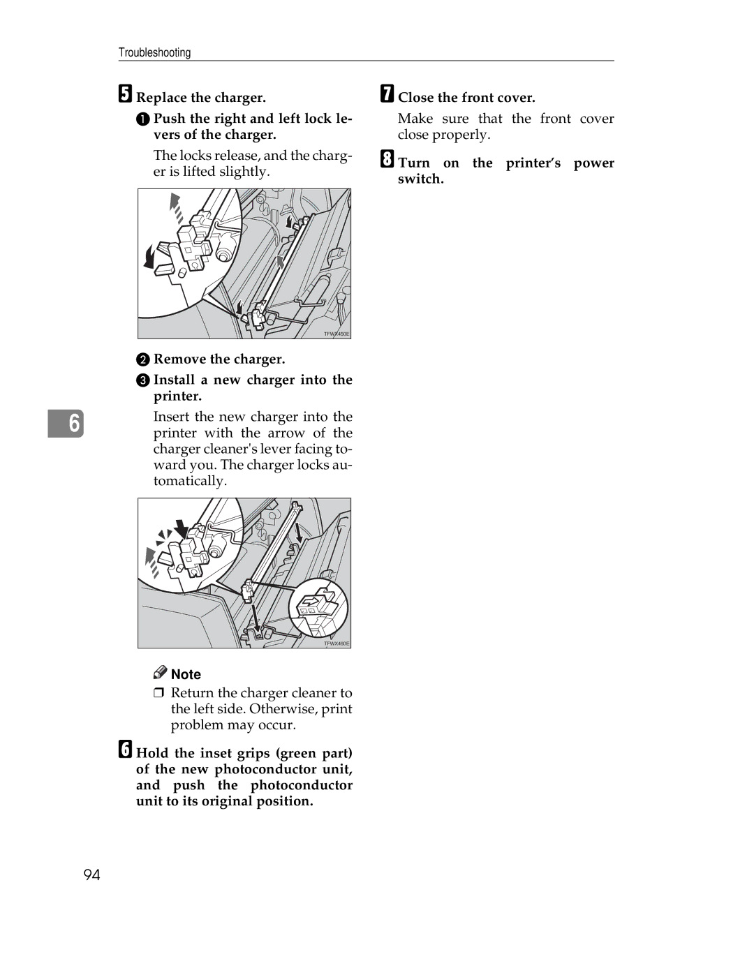 Ricoh AP305 operating instructions Replace the charger, Push the right and left lock le- vers of the charger 