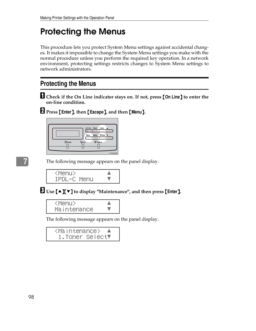 Ricoh AP305 operating instructions Protecting the Menus, Use UT to display Maintenance, and then press Enter 