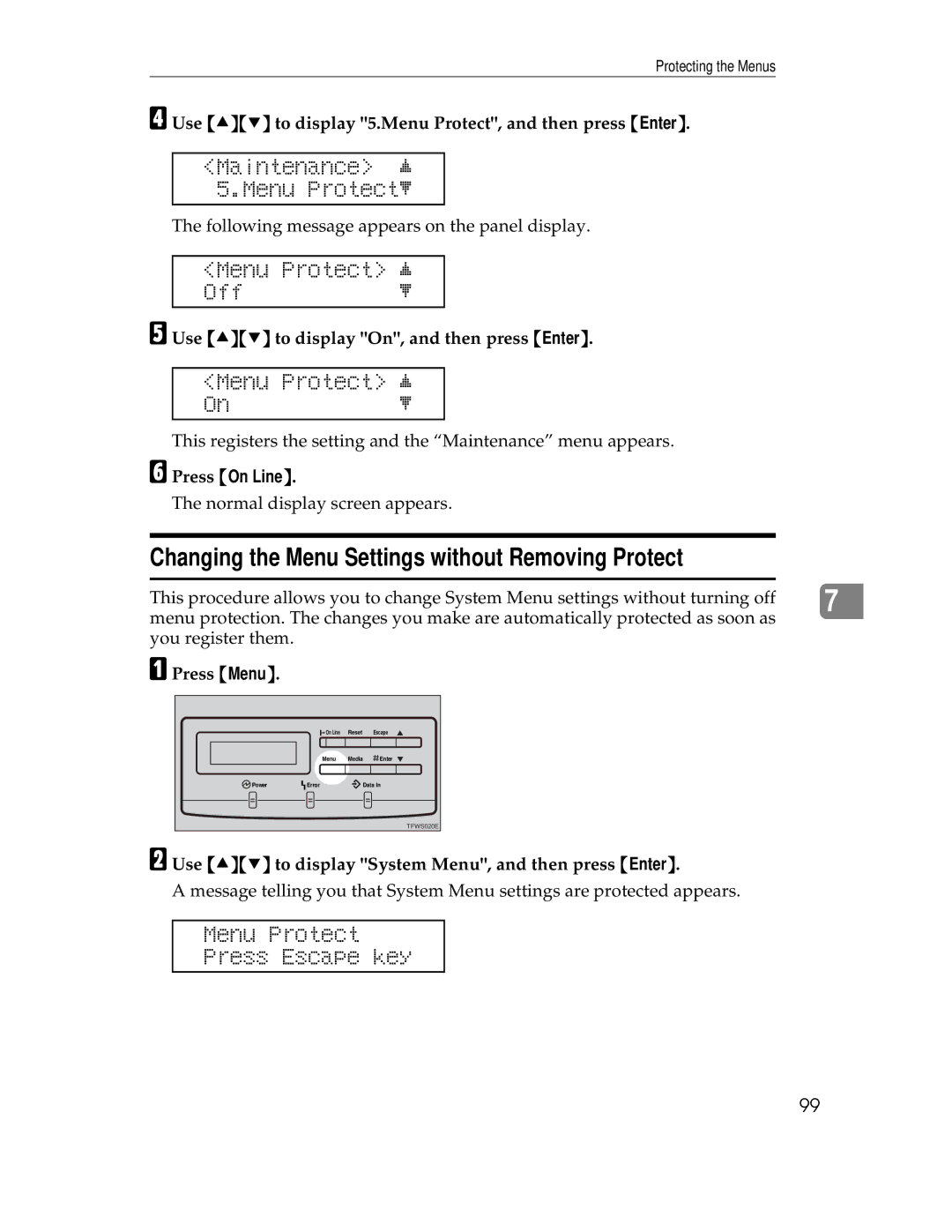 Ricoh AP305 Changing the Menu Settings without Removing Protect, Maintenance j 5.Menu Protectl, Menu Protect j Offl 