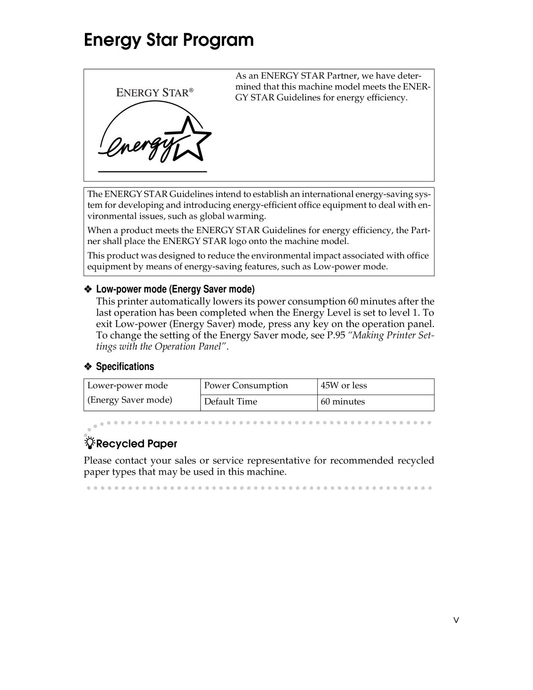 Ricoh AP305 operating instructions Energy Star Program, Low-power mode Energy Saver mode, Specifications 