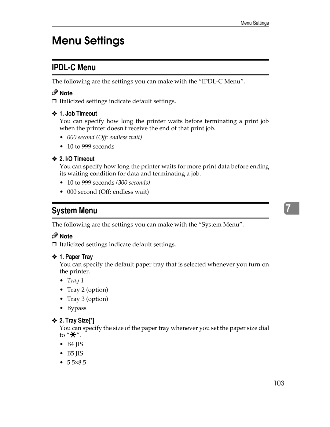 Ricoh AP305 operating instructions Menu Settings, IPDL-C Menu, System Menu 