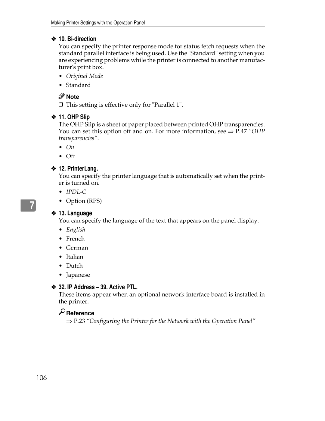 Ricoh AP305 operating instructions Bi-direction, OHP Slip, PrinterLang, Language, IP Address 39. Active PTL 