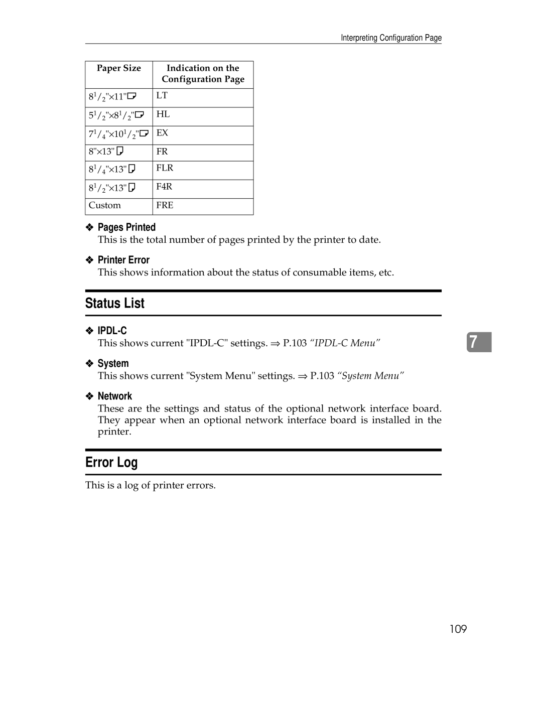 Ricoh AP305 operating instructions Status List, Error Log 