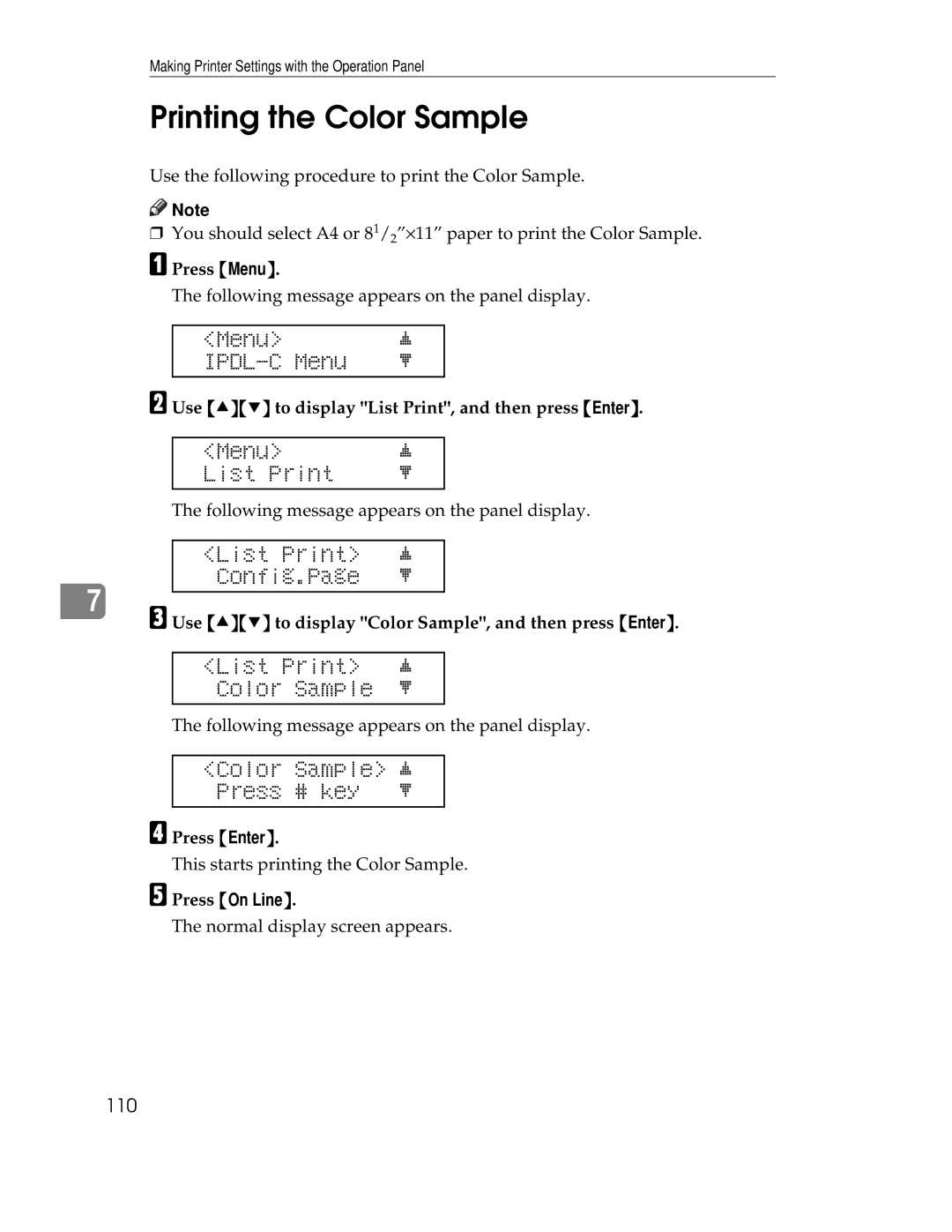 Ricoh AP305 operating instructions Printing the Color Sample, List Print j Color Sample l, Color Sample Press # key 