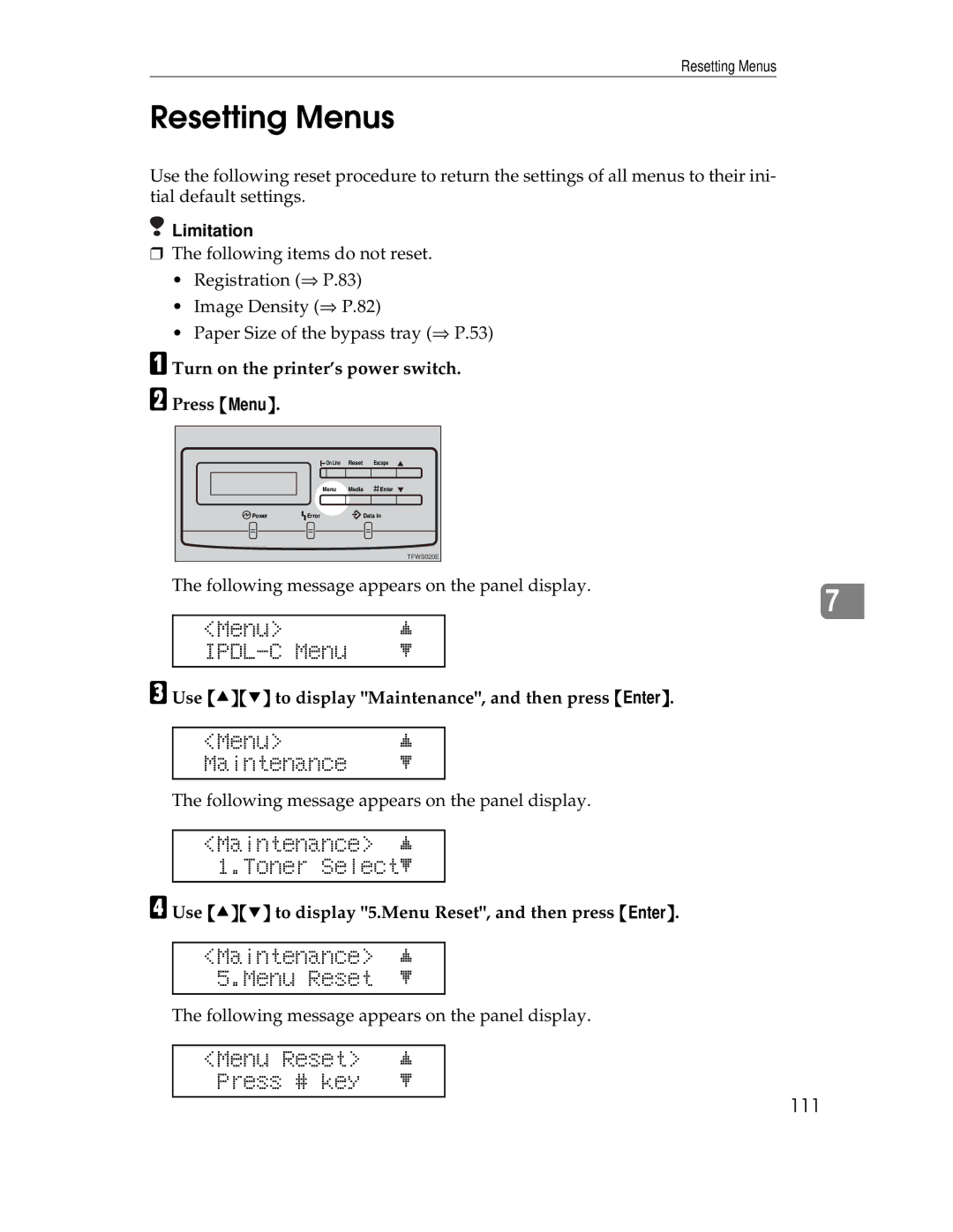 Ricoh AP305 operating instructions Resetting Menus, Maintenance j 5.Menu Reset l, Menu Reset Press # key 