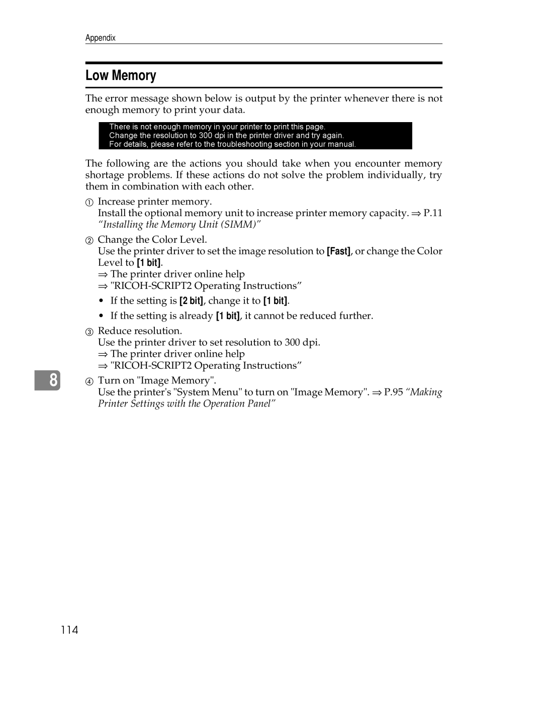 Ricoh AP305 operating instructions Low Memory 