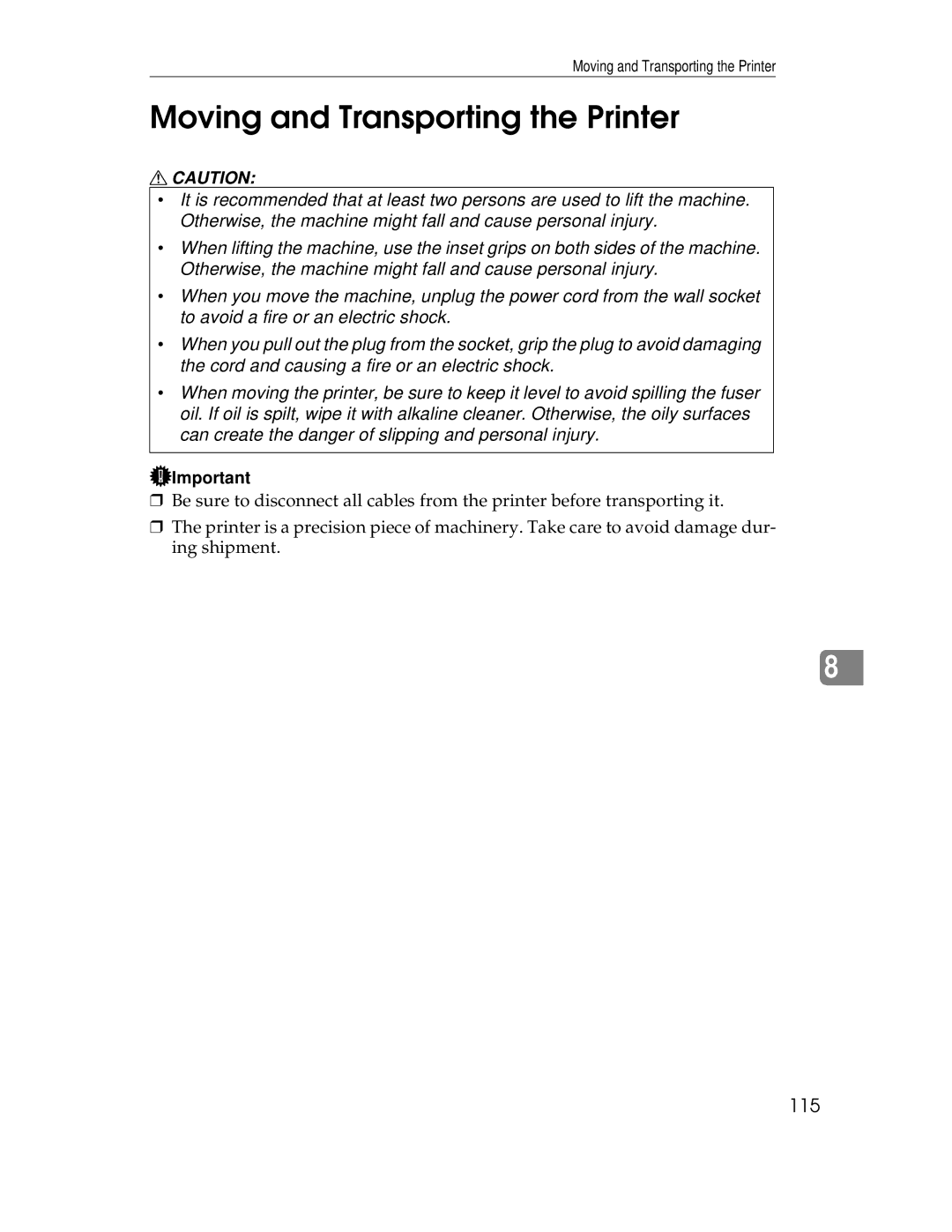 Ricoh AP305 operating instructions Moving and Transporting the Printer 