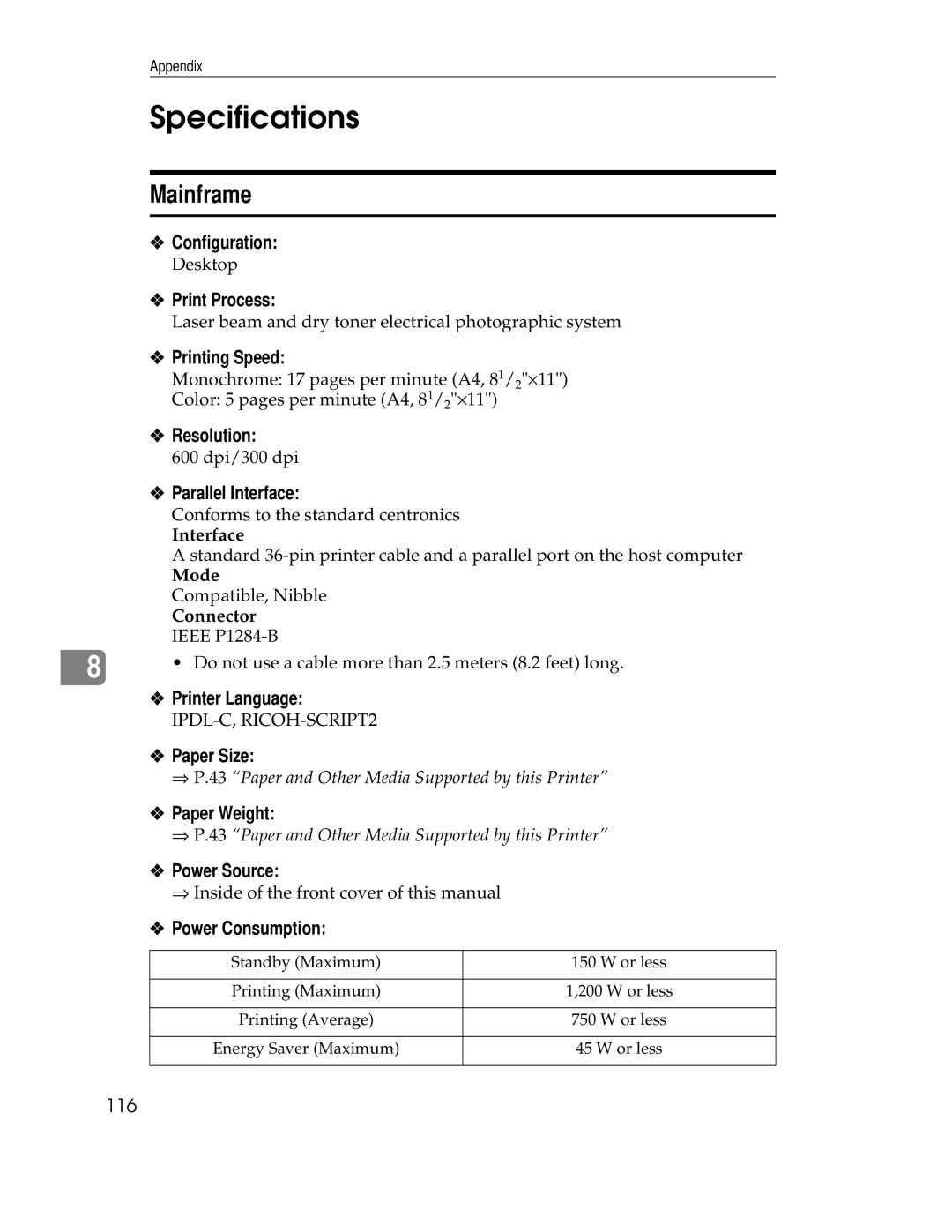 Ricoh AP305 operating instructions Specifications, Mainframe 