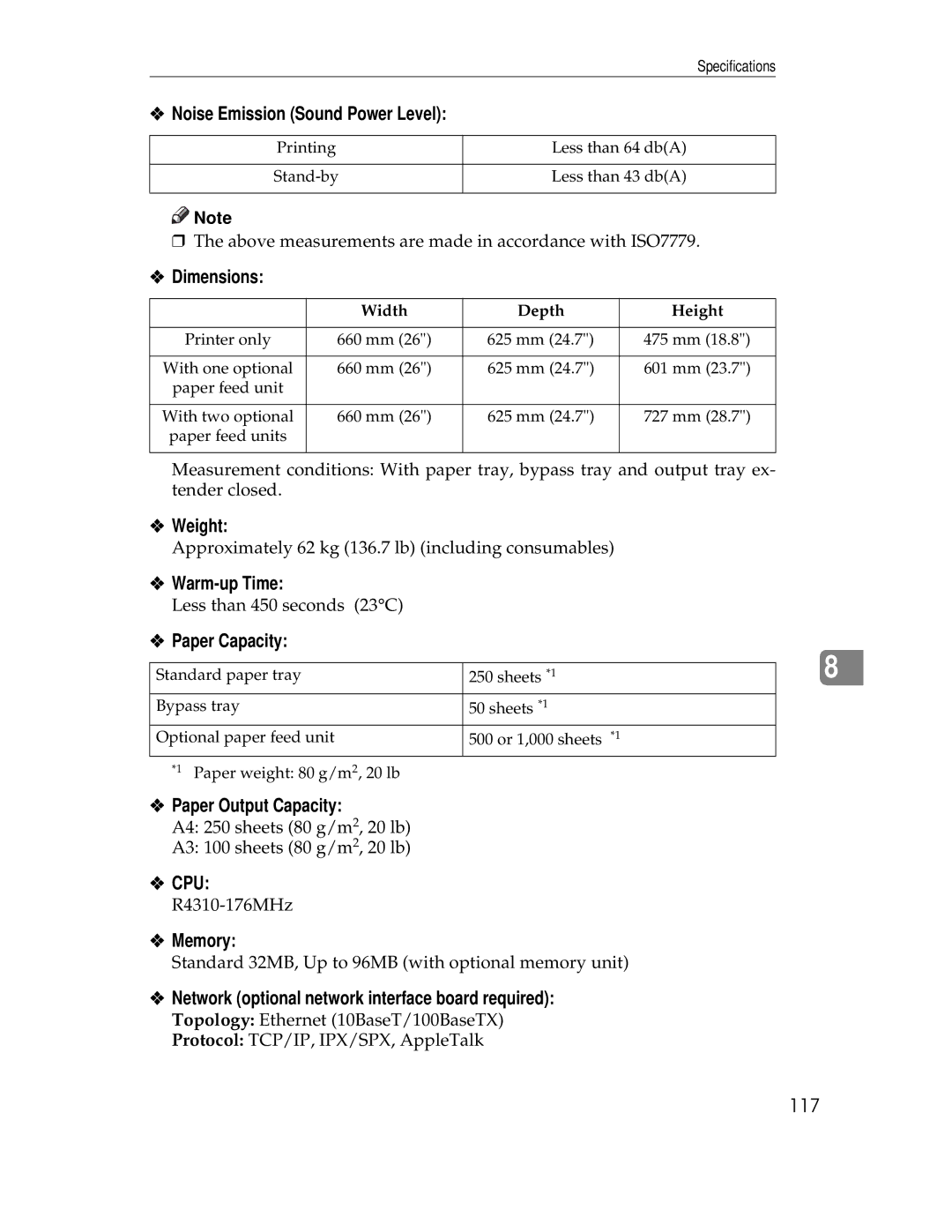 Ricoh AP305 Noise Emission Sound Power Level, Dimensions, Weight, Warm-up Time, Paper Capacity, Paper Output Capacity, Cpu 