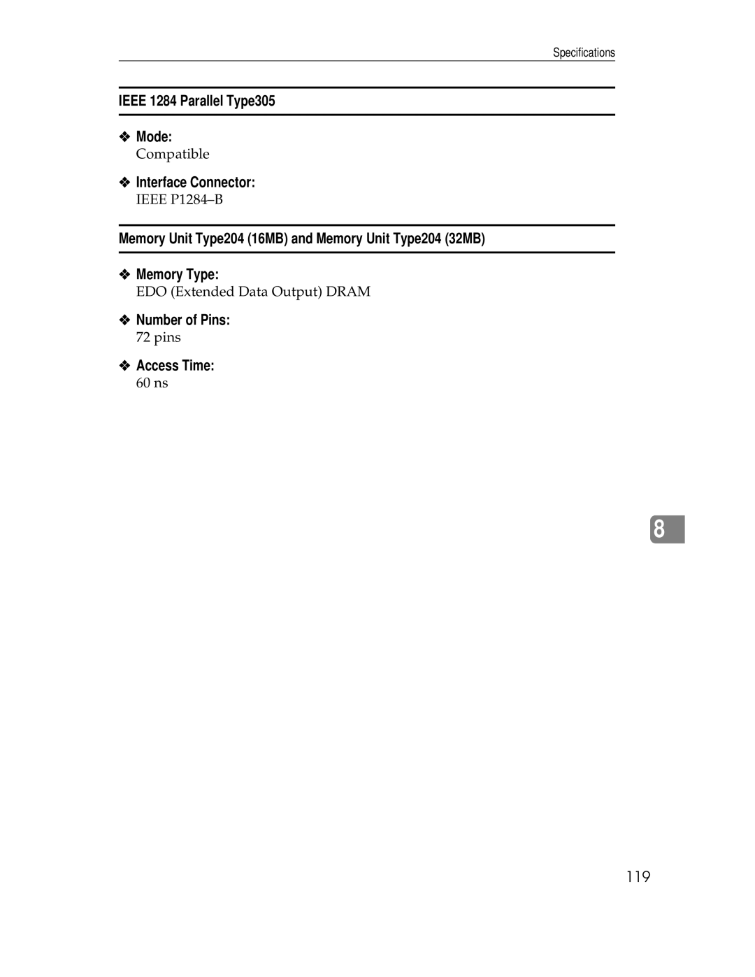 Ricoh AP305 operating instructions Ieee 1284 Parallel Type305 Mode, Number of Pins, Access Time 